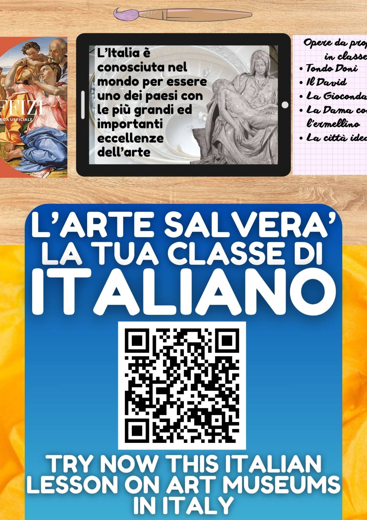 An educational teaching resource from Learning with Alan entitled Italian Lesson Plan on Art Museums in Italy - Listening + Writing downloadable at Teach Simple.