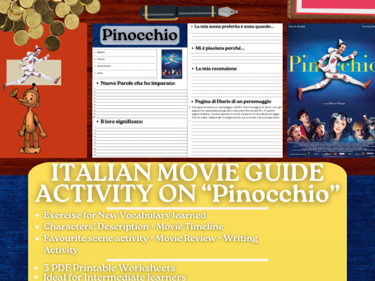 An educational teaching resource from Learning with Alan entitled Italian Movie Guide - "Pinocchio" - 2002 Version Roberto Benigni downloadable at Teach Simple.