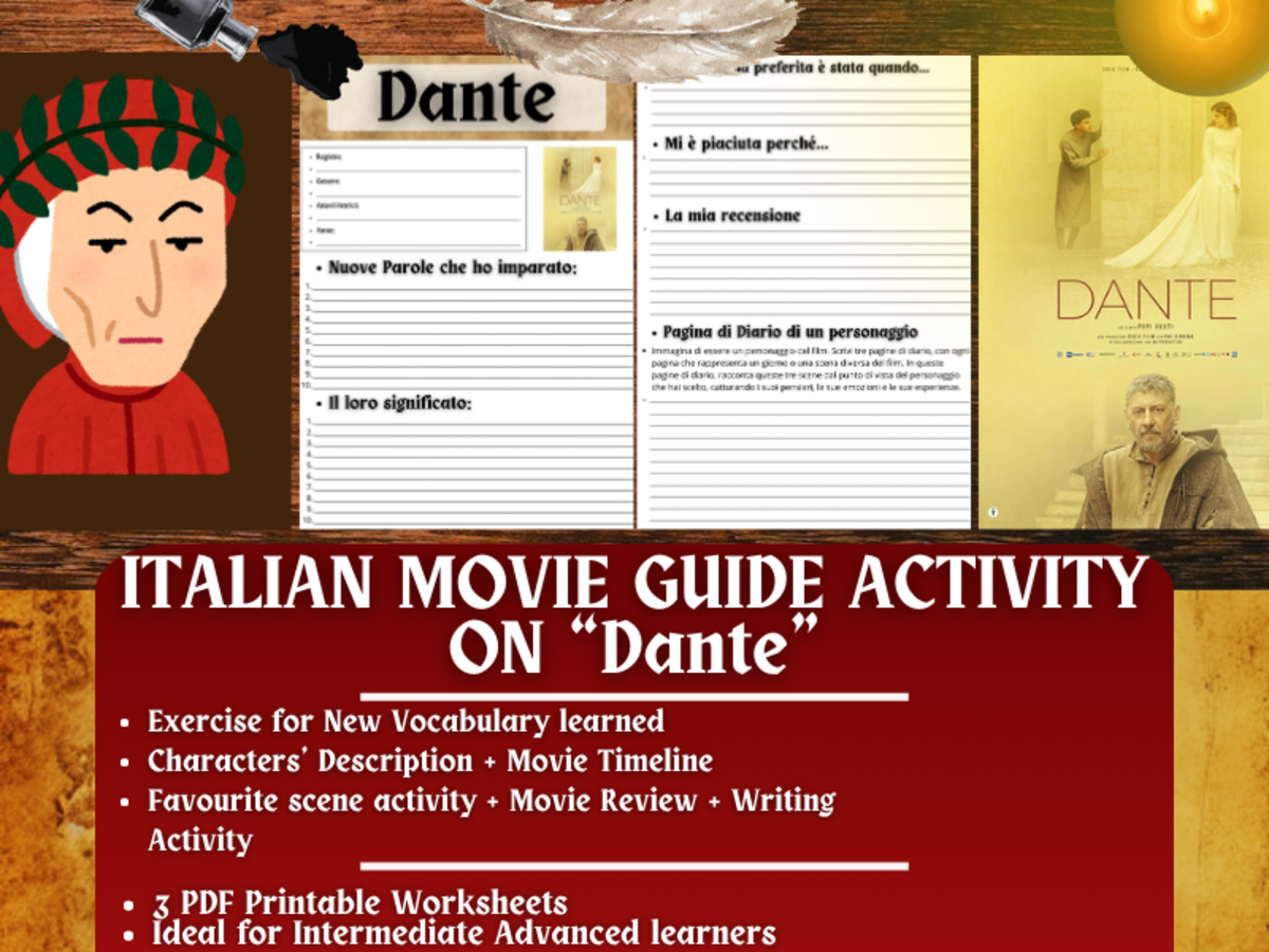 An educational teaching resource from Learning with Alan entitled Italian Movie Guide Worksheets on "Dante" downloadable at Teach Simple.
