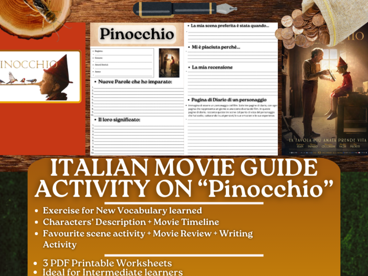 An educational teaching resource from Learning with Alan entitled Italian Movie Guide Worksheets on "Pinocchio" - 2019 Version downloadable at Teach Simple.