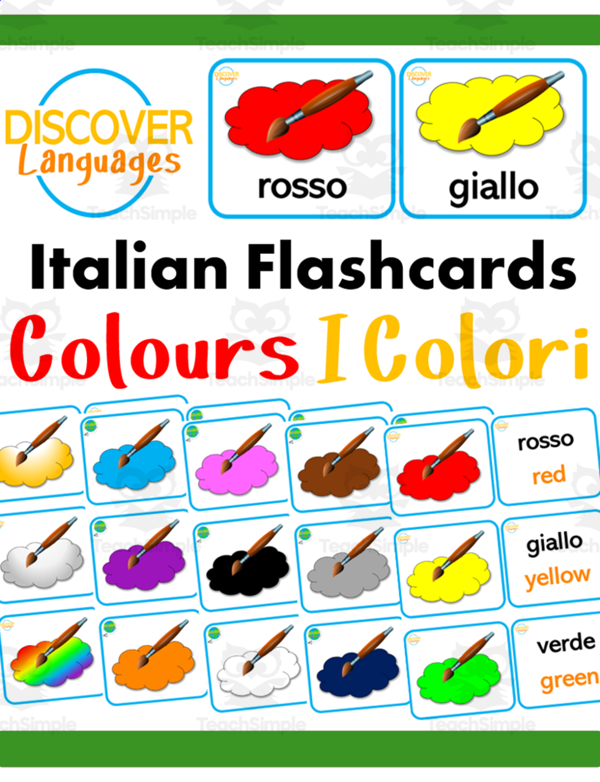 An educational teaching resource from Discover Languages entitled Italian Picture Flash Cards - Colours - I Colori downloadable at Teach Simple.