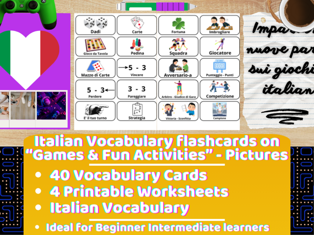An educational teaching resource from Learning with Alan entitled Italian Picture Vocabulary Flashcards - Games & Fun Activities downloadable at Teach Simple.