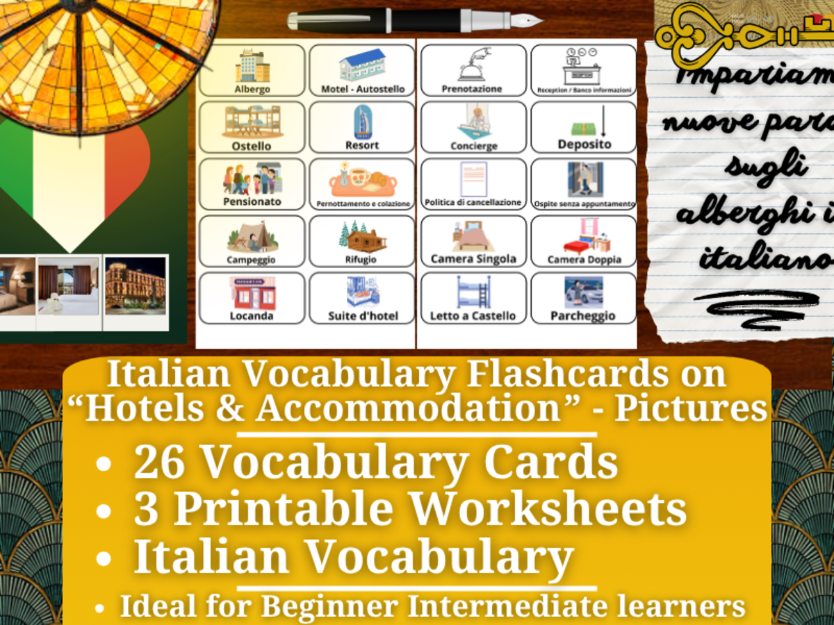 An educational teaching resource from Learning with Alan entitled Italian Picture Vocabulary Flashcards - Hotel & Accomodations downloadable at Teach Simple.