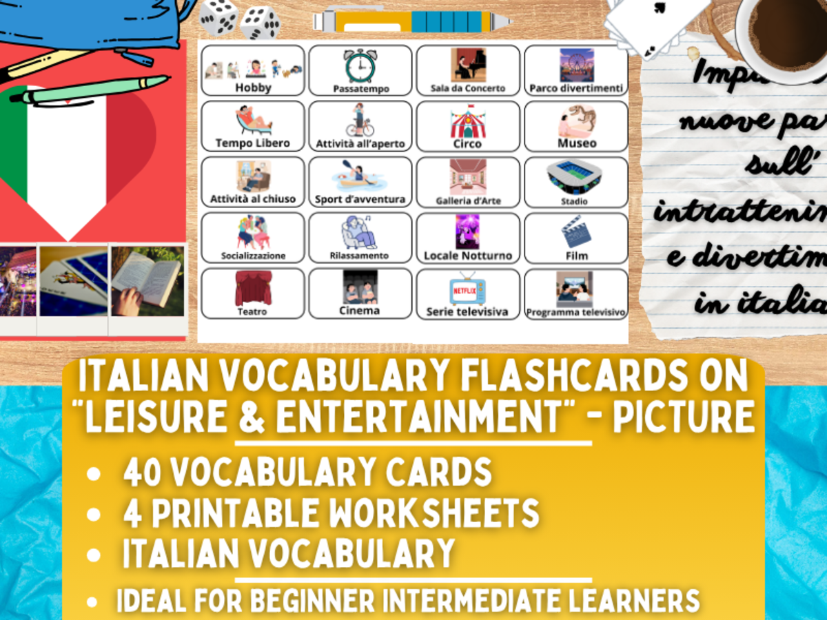 An educational teaching resource from Learning with Alan entitled Italian Picture Vocabulary Flashcards - Leisure & Entertainment downloadable at Teach Simple.