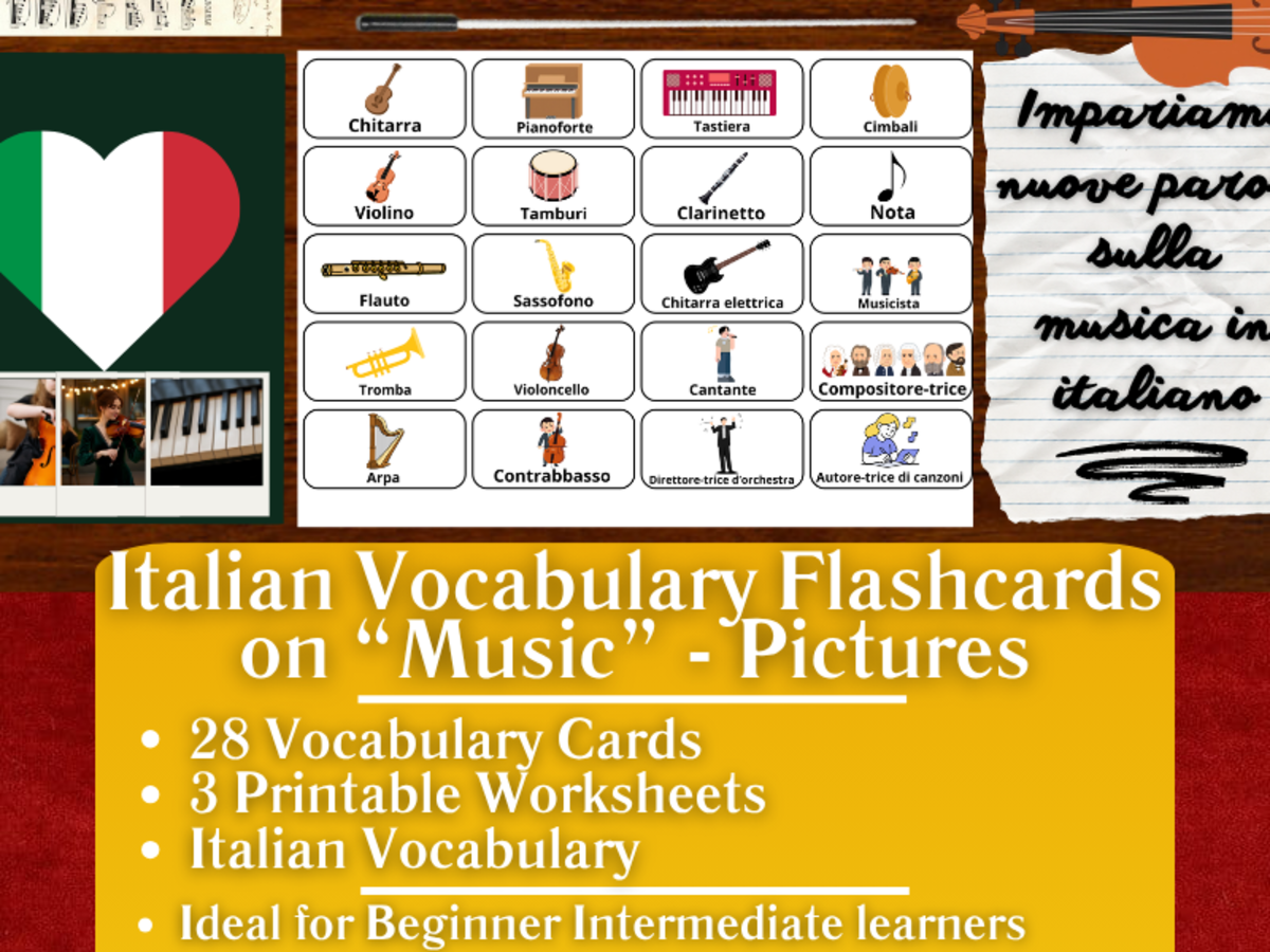 An educational teaching resource from Learning with Alan entitled Italian Picture Vocabulary Flashcards - Music downloadable at Teach Simple.