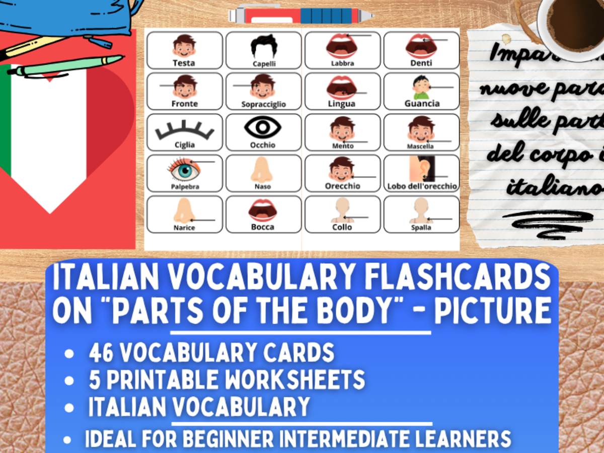 An educational teaching resource from Learning with Alan entitled Italian Picture Vocabulary Flashcards - Parts of the Body downloadable at Teach Simple.