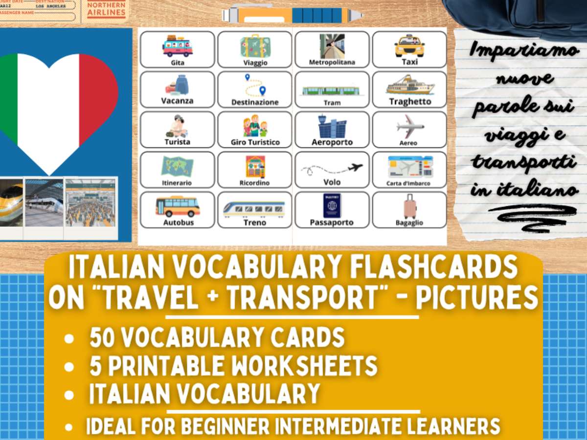An educational teaching resource from Learning with Alan entitled Italian Picture Vocabulary Flashcards - Travel & Transportation downloadable at Teach Simple.
