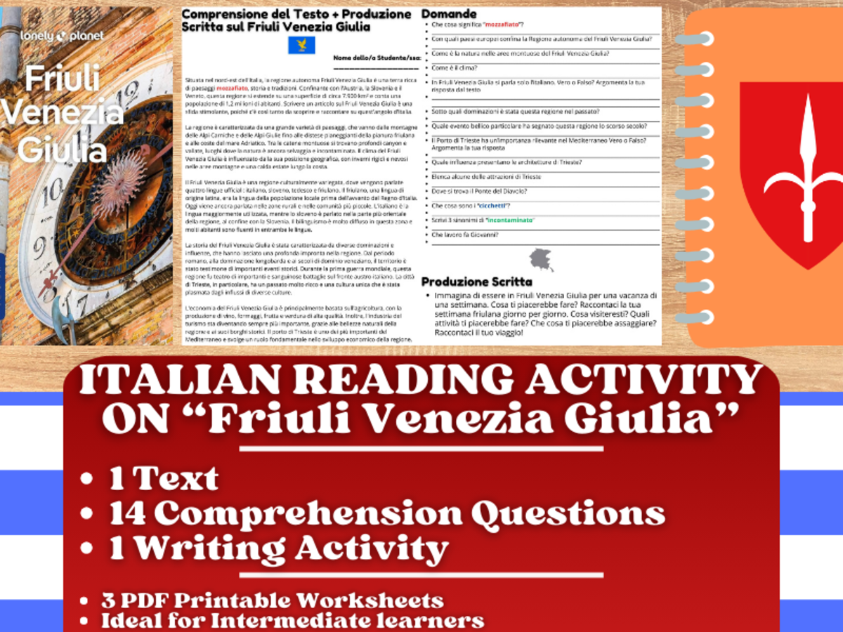 An educational teaching resource from Learning with Alan entitled Italian Reading Comprehension + Essay - Friuli Venezia Giulia - Italy downloadable at Teach Simple.