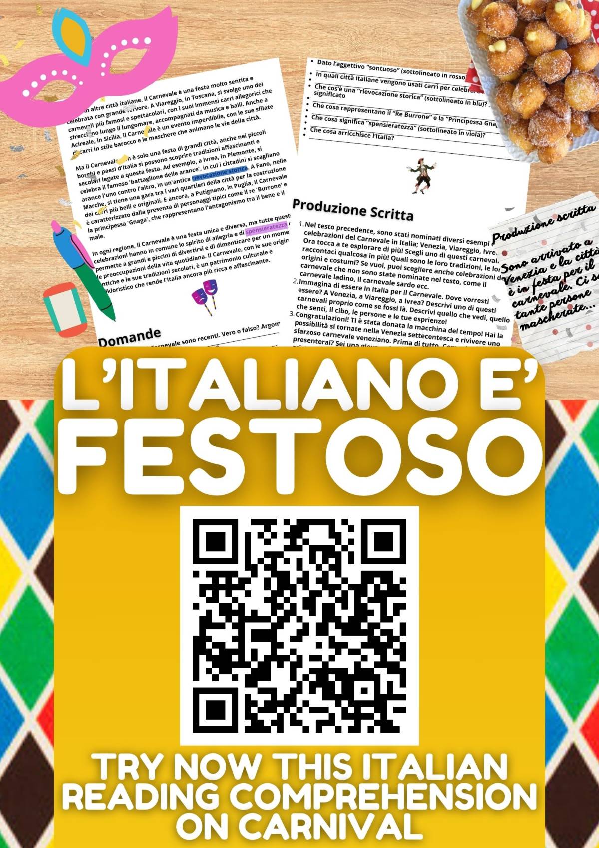 An educational teaching resource from Learning with Alan entitled Italian Reading Comprehension + Writing Activity on Carnival Worksheet downloadable at Teach Simple.