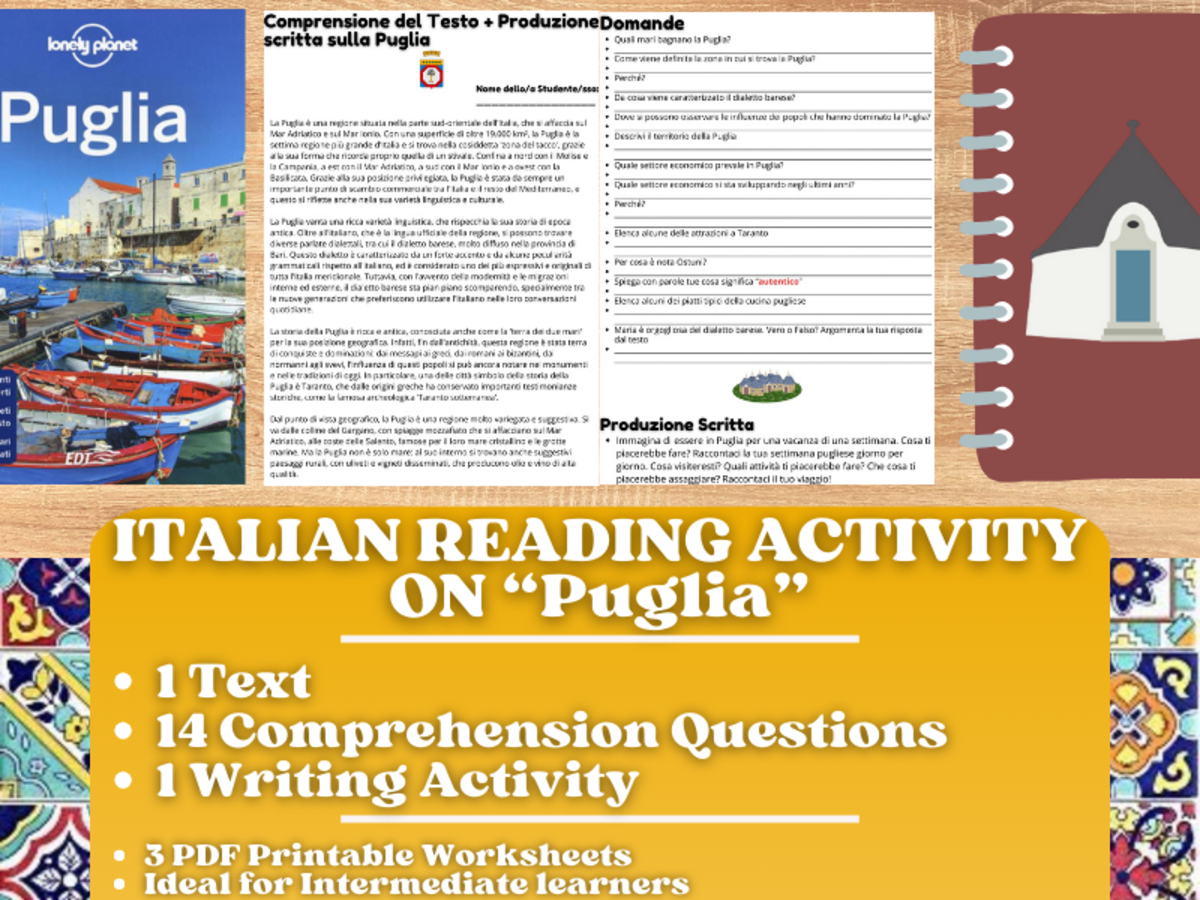 An educational teaching resource from Learning with Alan entitled Italian Reading Comprehension + Writing Activity on Puglia - Italy downloadable at Teach Simple.