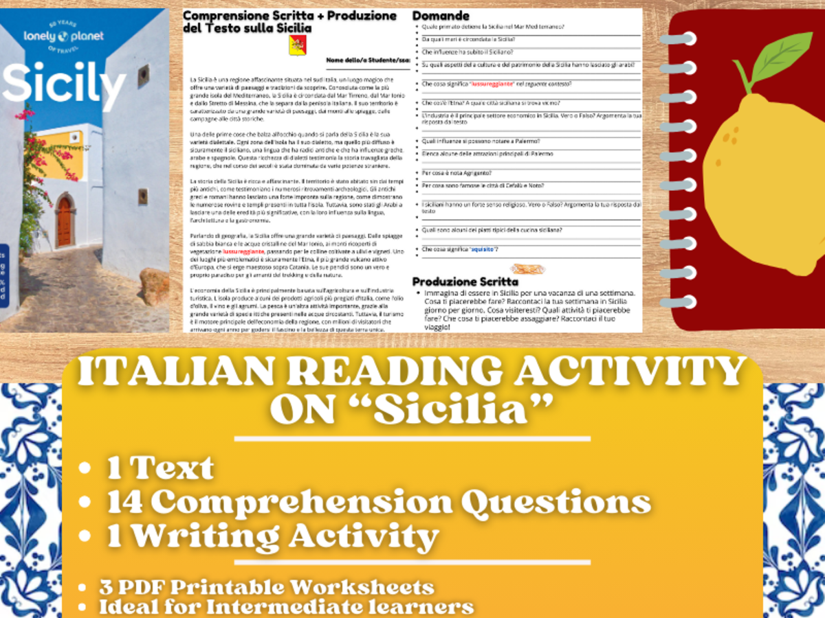 An educational teaching resource from Learning with Alan entitled Italian Reading Comprehension + Writing Activity on Sicily - Italy downloadable at Teach Simple.