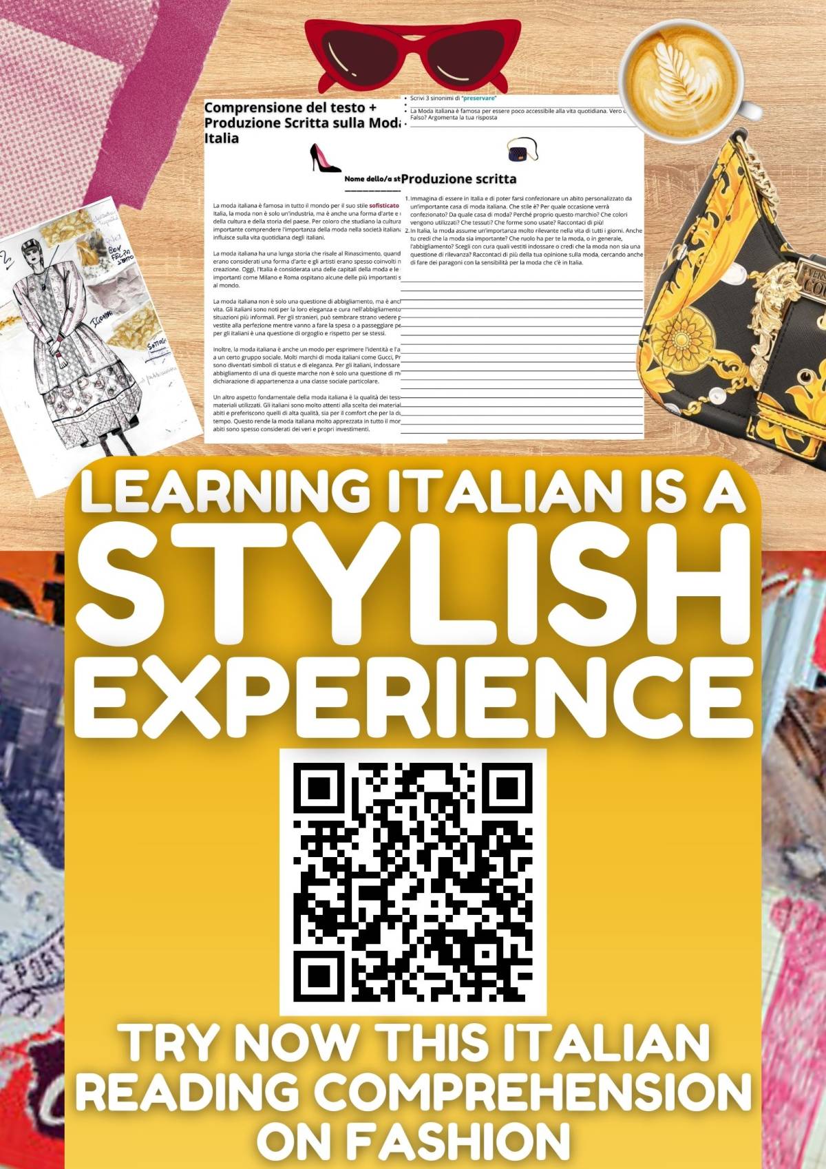 An educational teaching resource from Learning with Alan entitled Italian Reading Comprehension + Writing Worksheet on Fashion in Italy downloadable at Teach Simple.