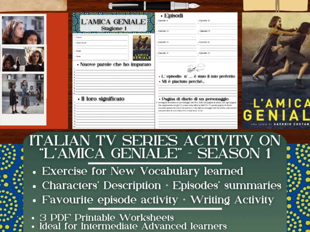 An educational teaching resource from Learning with Alan entitled Italian TV Series Activity Worksheets on "L'Amica Geniale" - Season 1 downloadable at Teach Simple.
