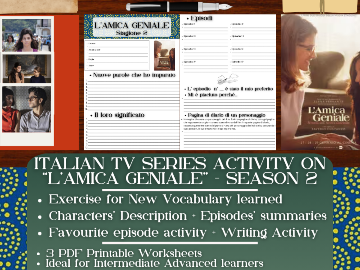 An educational teaching resource from Learning with Alan entitled Italian TV Series Activity Worksheets on "L'Amica Geniale" - Season 2 downloadable at Teach Simple.