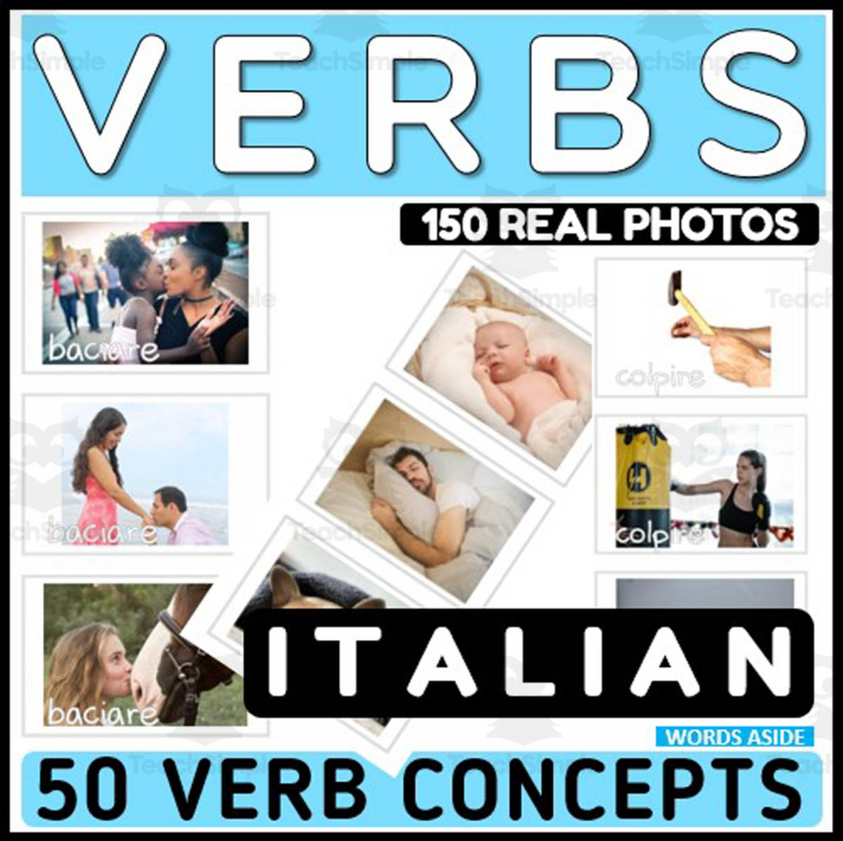 An educational teaching resource from WORDS ASIDE entitled Italian Verbs Flash Cards Vocabulary Real Photos downloadable at Teach Simple.