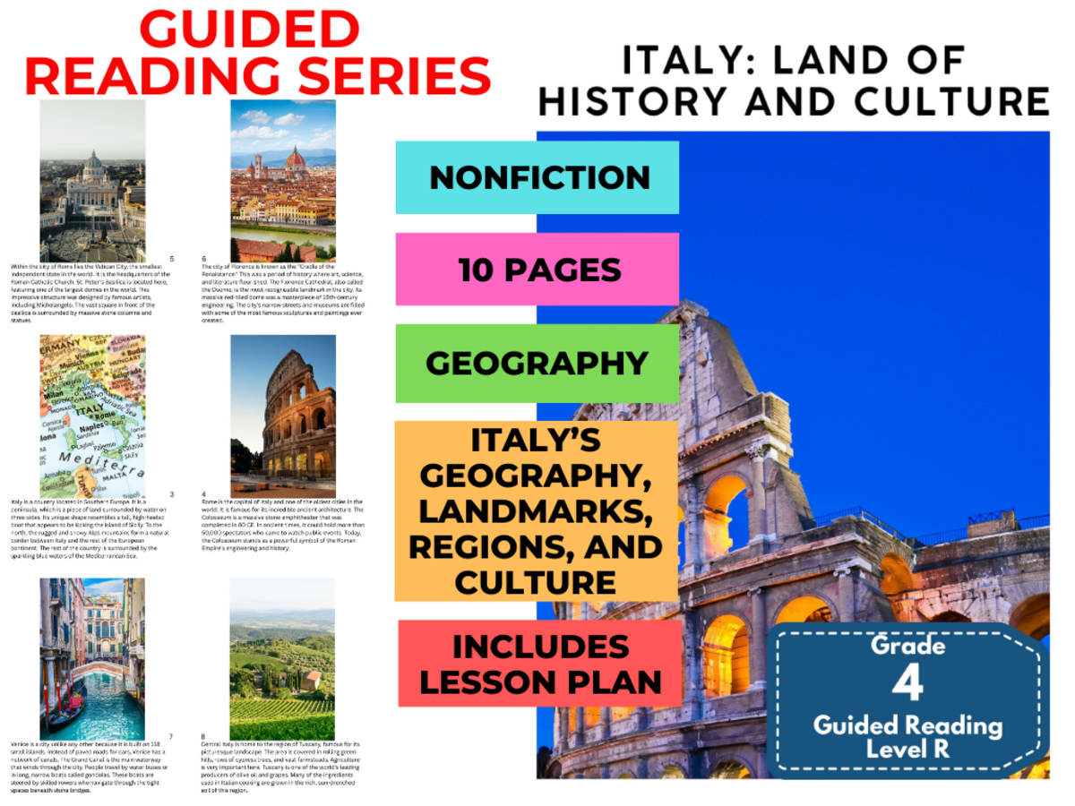 An educational teaching resource from Cored Education entitled Italy History and Culture: Guided Reading Level R with Lesson Plan downloadable at Teach Simple.