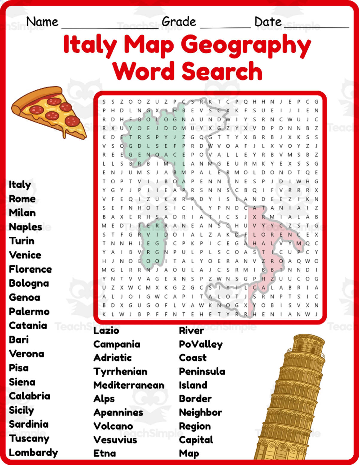 An educational teaching resource from Classsimple entitled Italy Map Geography Word Search 2rd 3th 4th 5th Grade worksheet downloadable at Teach Simple.