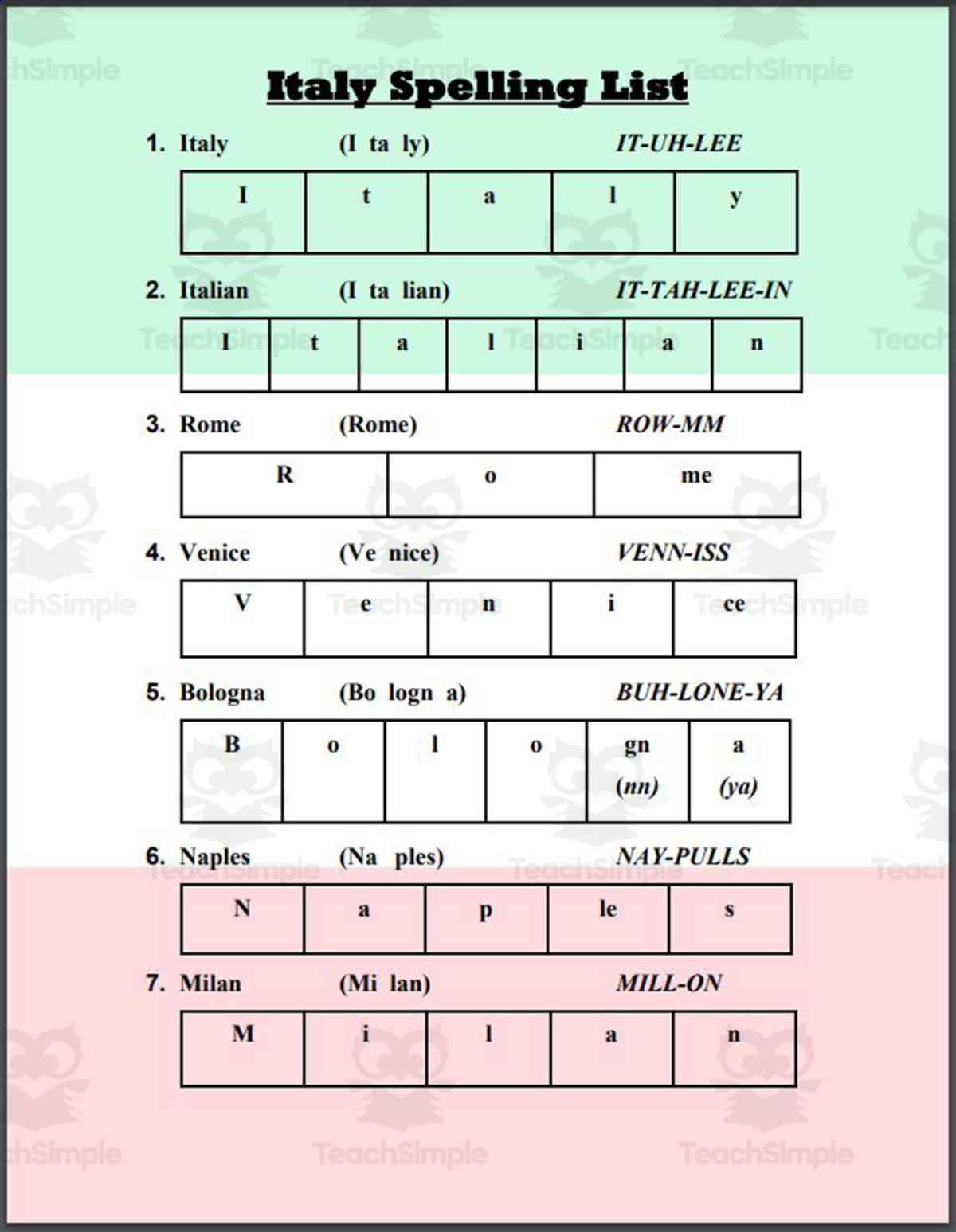 An educational teaching resource from Mr. Matthews Teacher Store entitled Italy Spelling List downloadable at Teach Simple.