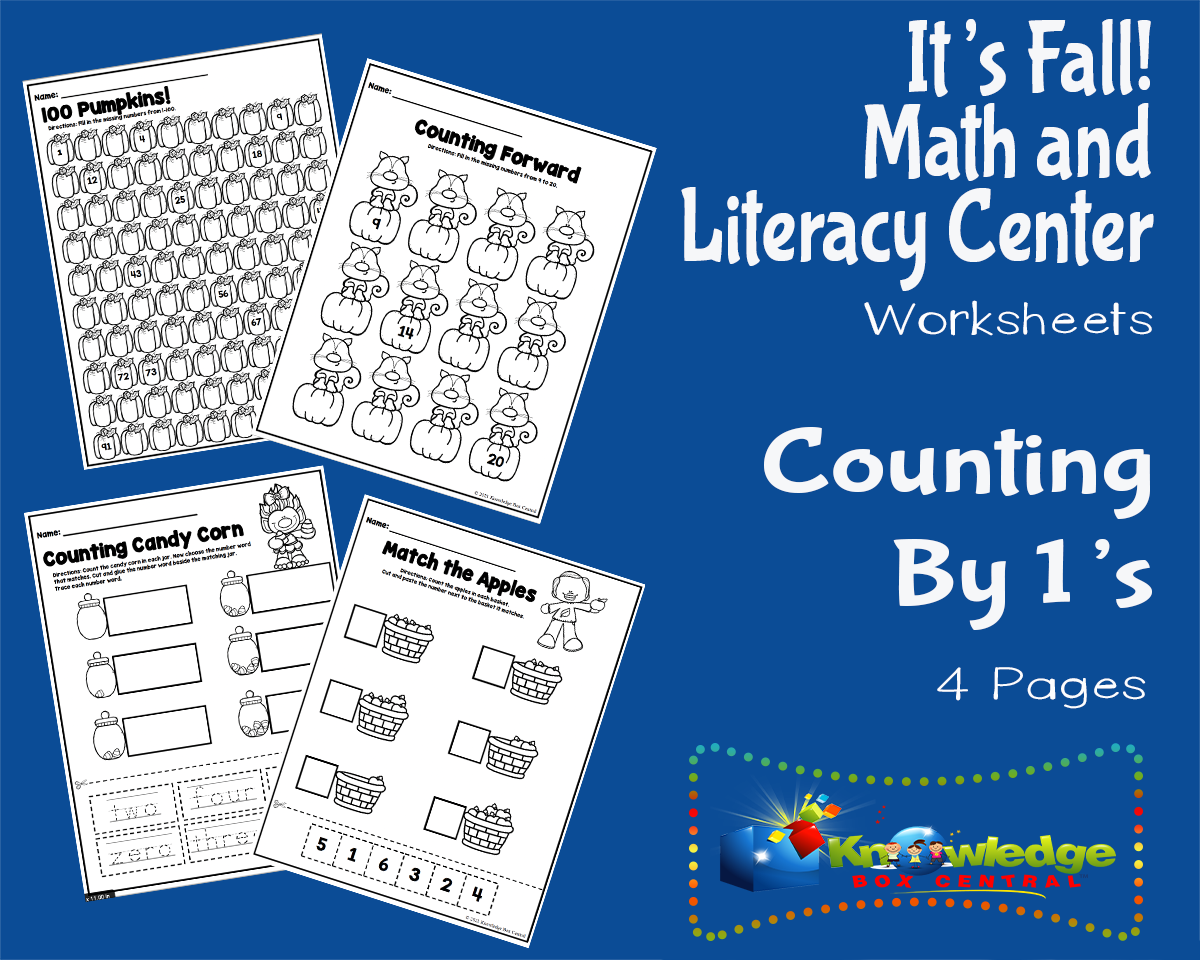 An educational teaching resource from Knowledge Box Central entitled It's Fall! Kindergarten Math & Literacy Center: Counting By 1's downloadable at Teach Simple.