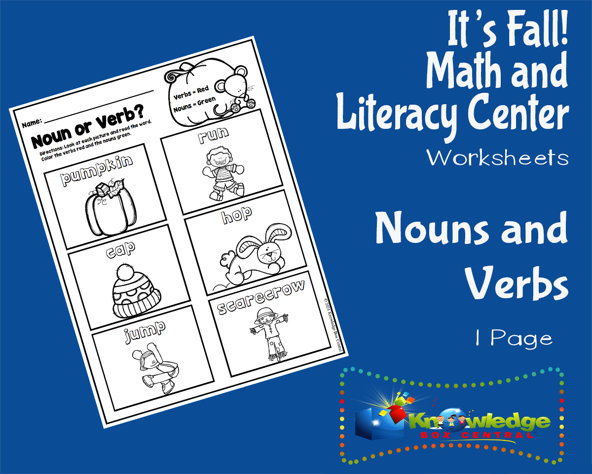 An educational teaching resource from Knowledge Box Central entitled It's Fall! Kindergarten Math & Literacy Center: Nouns and Verbs downloadable at Teach Simple.