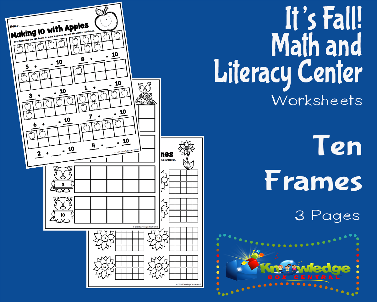 An educational teaching resource from Knowledge Box Central entitled It's Fall! Kindergarten Math & Literacy Center: Ten Frames downloadable at Teach Simple.