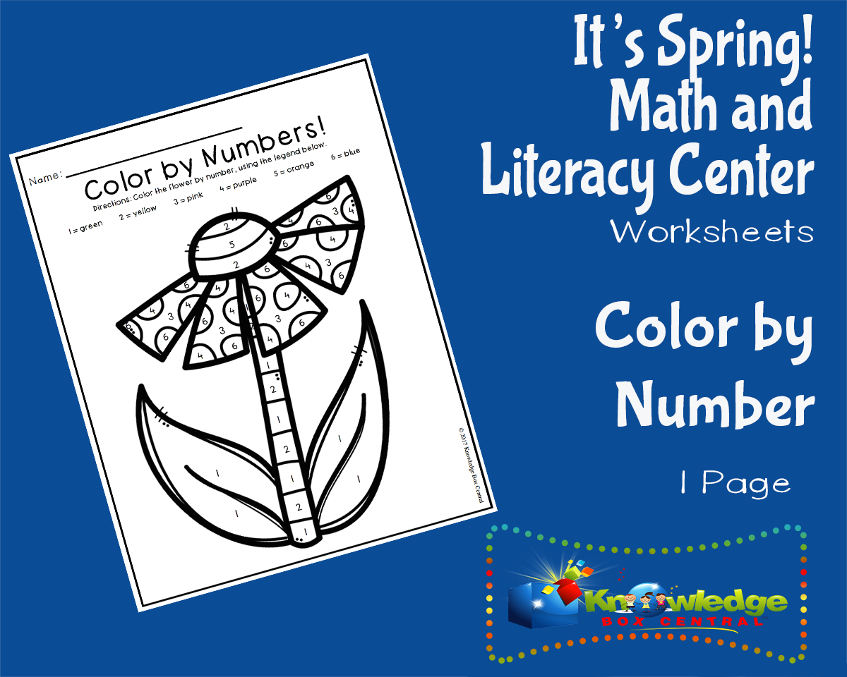 An educational teaching resource from Knowledge Box Central entitled It's Spring! Kindergarten Math & Literacy Center: Color by Number downloadable at Teach Simple.