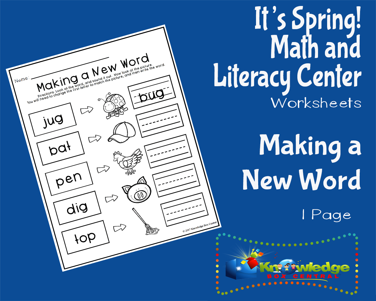 An educational teaching resource from Knowledge Box Central entitled It's Spring! Kindergarten Math & Literacy Center: Making a New Word downloadable at Teach Simple.