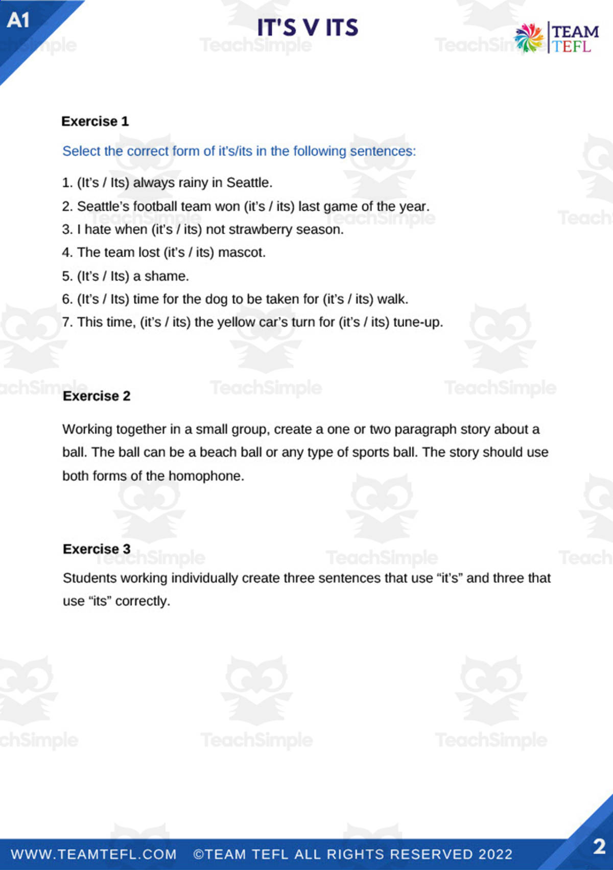 An educational teaching resource from TEAM TEFL entitled It's vs. Its | Beginner Lesson Plan downloadable at Teach Simple.