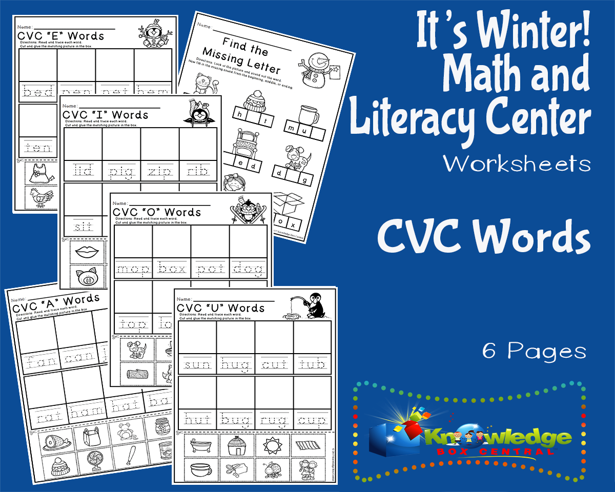 An educational teaching resource from Knowledge Box Central entitled It's Winter! Kindergarten Math & Literacy Center: CVC Words downloadable at Teach Simple.