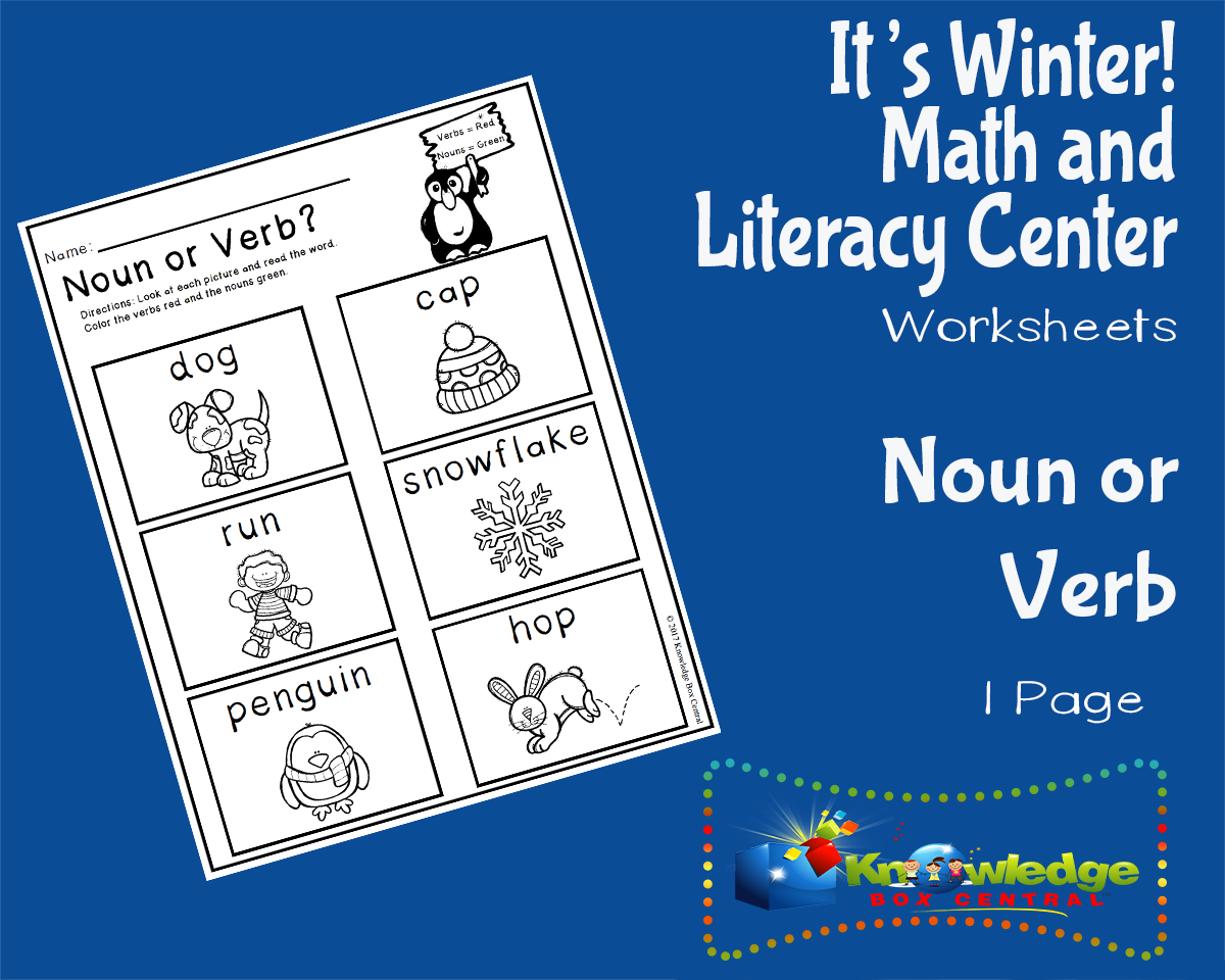 An educational teaching resource from Knowledge Box Central entitled It's Winter! Kindergarten Math & Literacy Center: Nouns and Verbs downloadable at Teach Simple.
