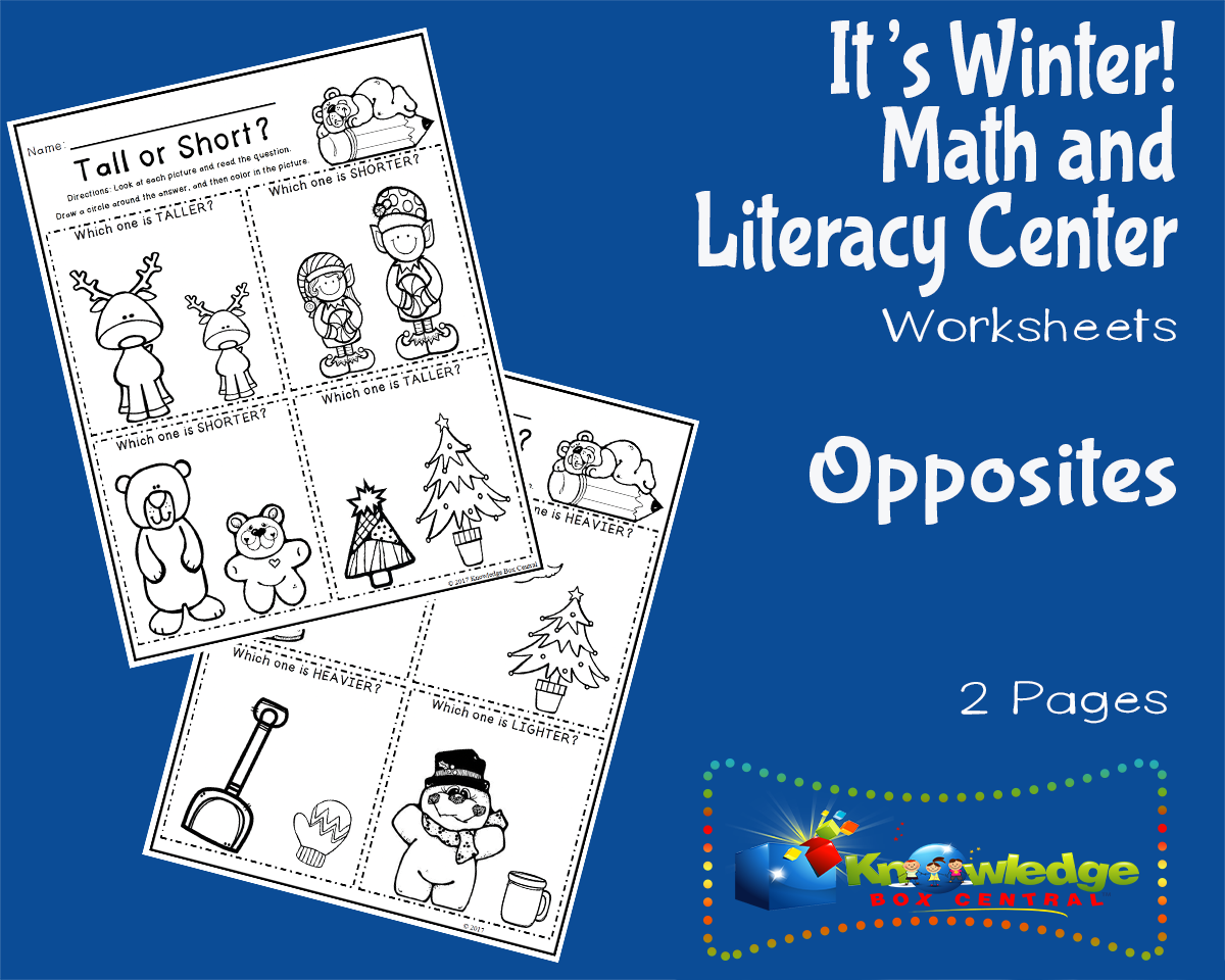 An educational teaching resource from Knowledge Box Central entitled It's Winter! Kindergarten Math & Literacy Center: Opposites downloadable at Teach Simple.