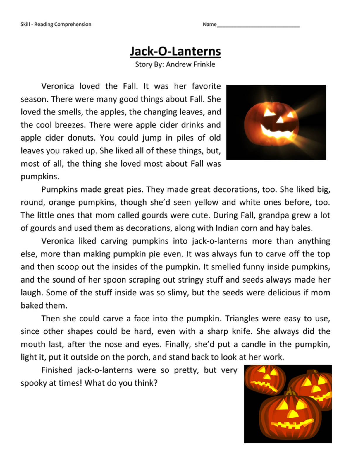 An educational teaching resource from Have Fun Teaching entitled Jack-O-Lanterns Reading Comprehension Worksheet downloadable at Teach Simple.