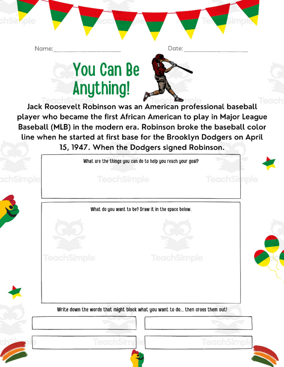 An educational teaching resource from Style Your Classroom entitled Jackie Robinson: A Trailblazing Biography Unveiling Black History downloadable at Teach Simple.