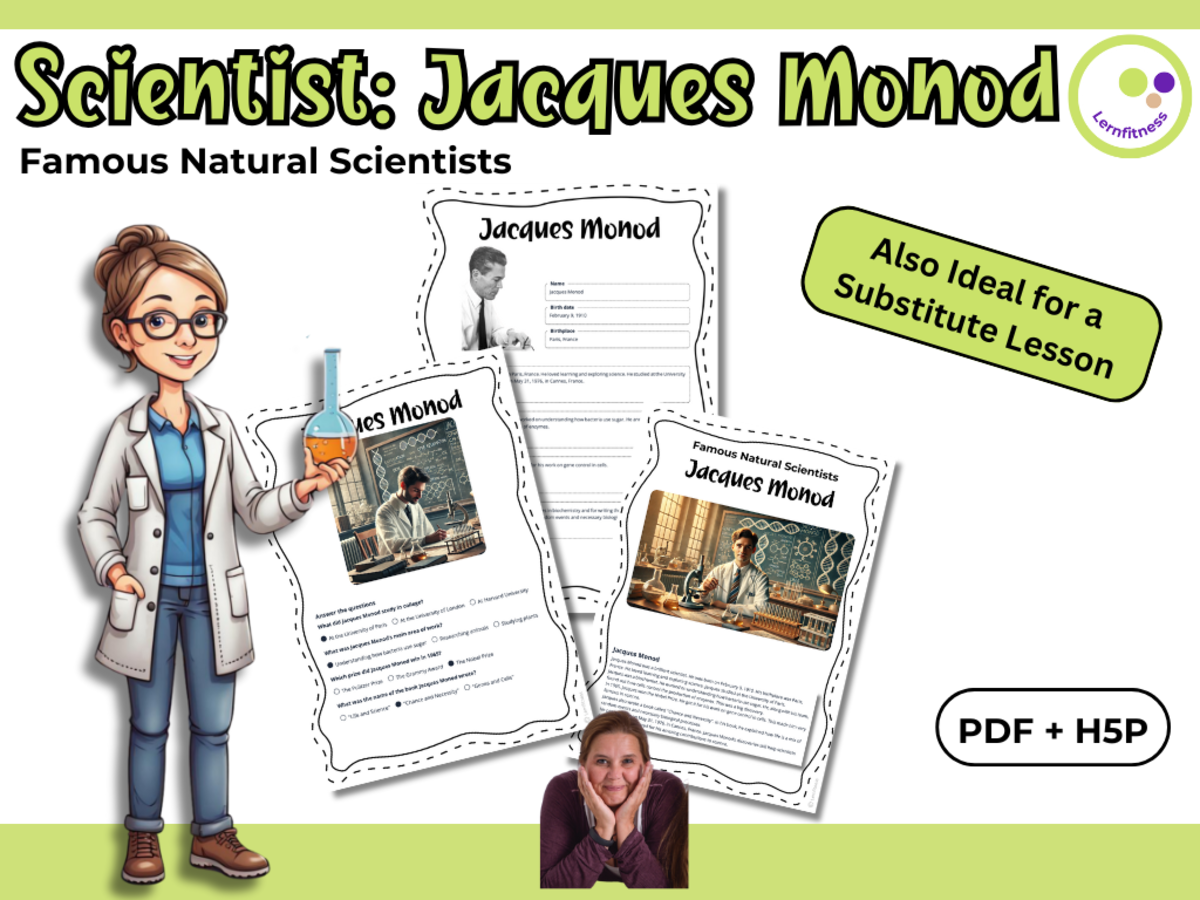 An educational teaching resource from Lernfitness entitled Jacques Monod – Fact Sheet, Quiz & Interactive PDF incl. H5P downloadable at Teach Simple.