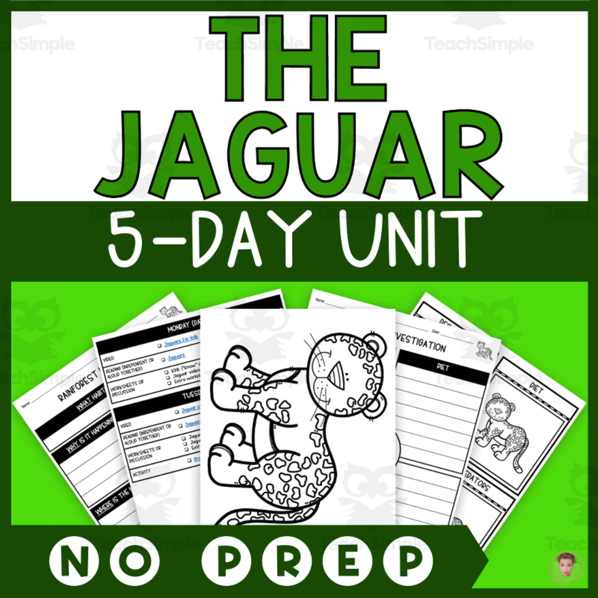 An educational teaching resource from Heather Huhman entitled Jaguar Unit Study (Rainforest Animals Lesson Plan, Videos, Activities) downloadable at Teach Simple.