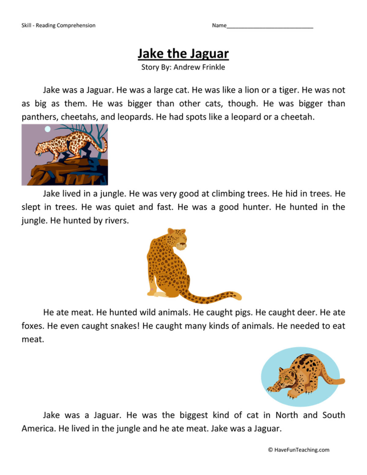 An educational teaching resource from Have Fun Teaching entitled Jake the Jaguar Reading Comprehension Worksheet downloadable at Teach Simple.
