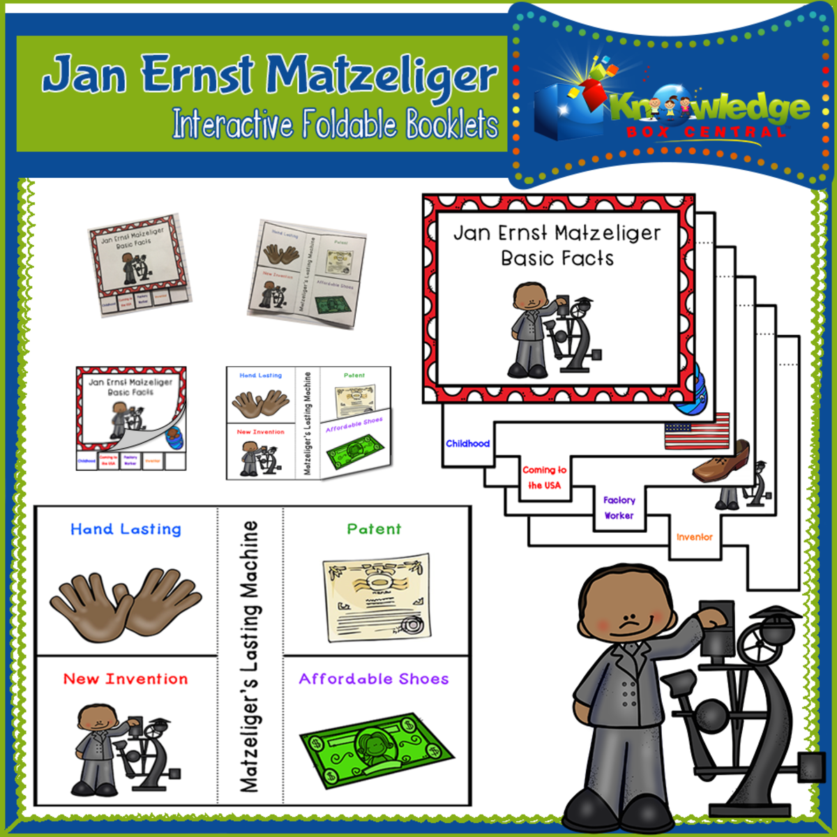An educational teaching resource from Knowledge Box Central entitled Jan Ernst Matzeliger Interactive Foldable Booklets – EBOOK downloadable at Teach Simple.