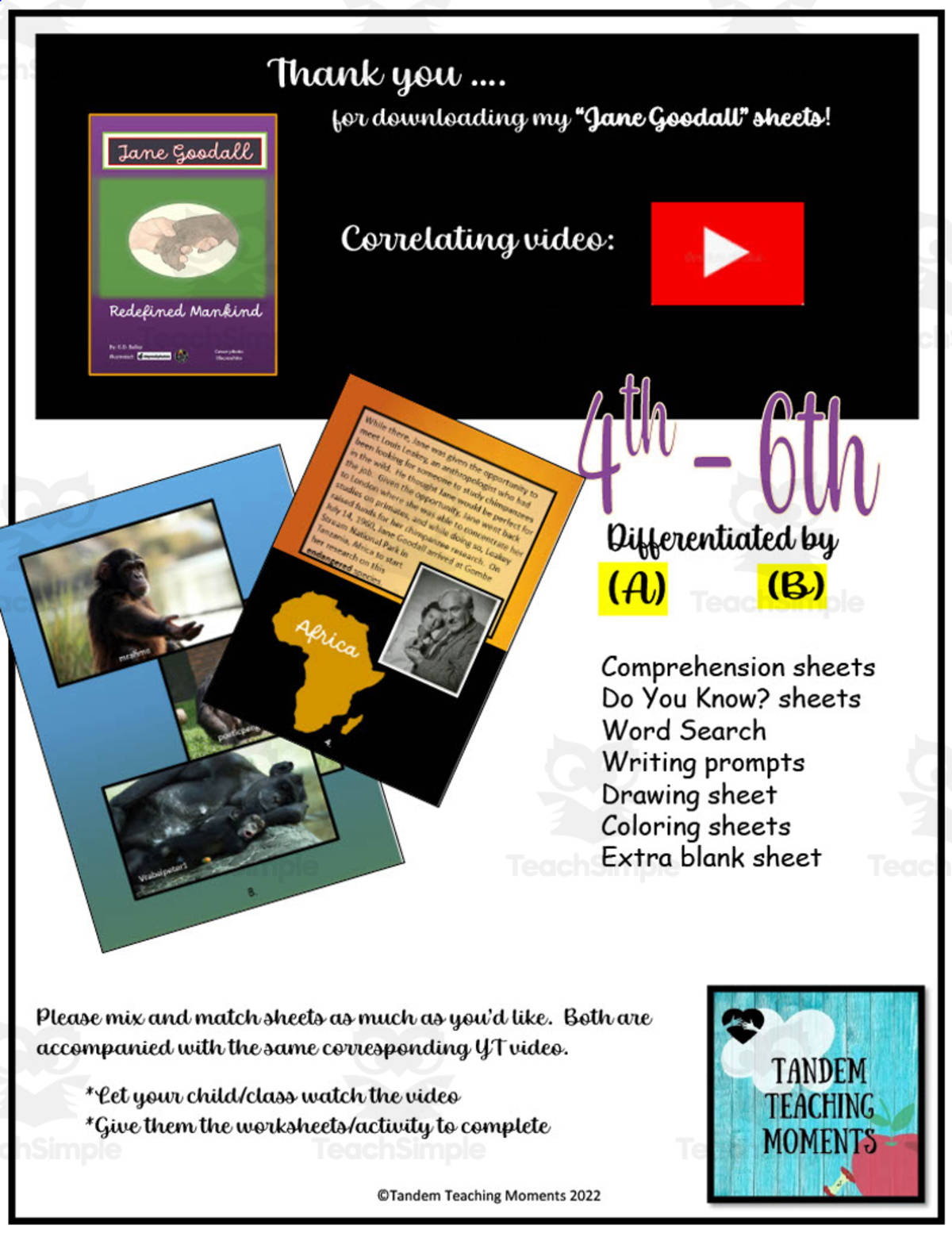An educational teaching resource from Tandem Teaching Moments entitled Jane Goodall 4th - 6th Grade Worksheet Packet downloadable at Teach Simple.