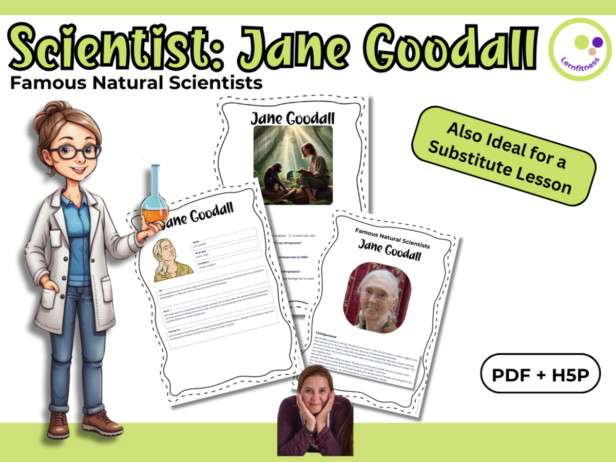 An educational teaching resource from Lernfitness entitled Jane Goodall – Fact Sheet, Quiz & Interactive PDF incl. H5P downloadable at Teach Simple.