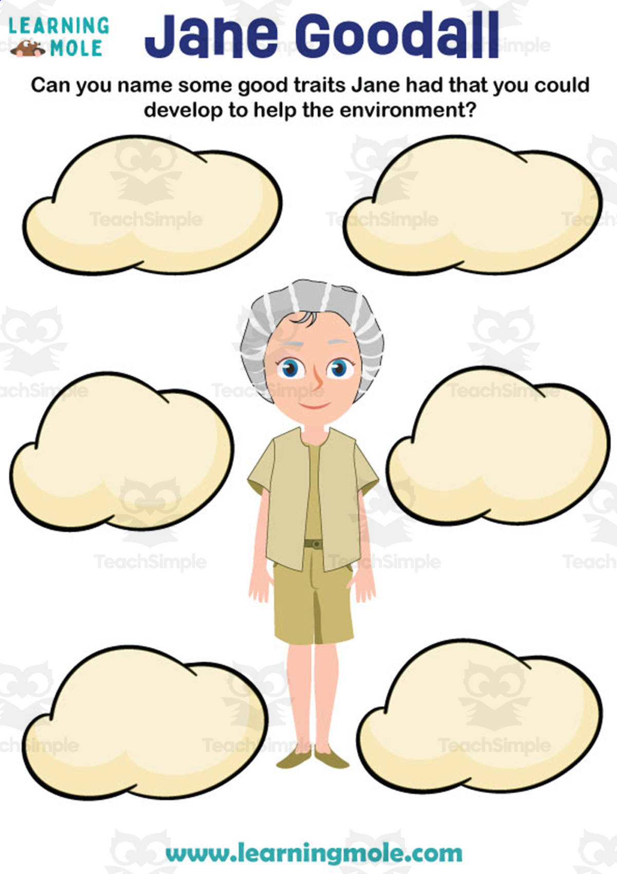 An educational teaching resource from Educational Voice entitled Jane Goodall Traits Activity downloadable at Teach Simple.