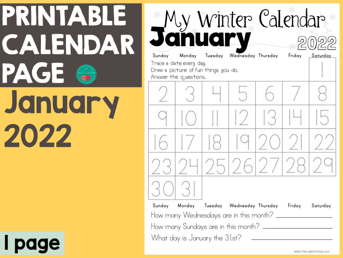 An educational teaching resource from Cherry Workshop entitled January 2022 Calendar downloadable at Teach Simple.