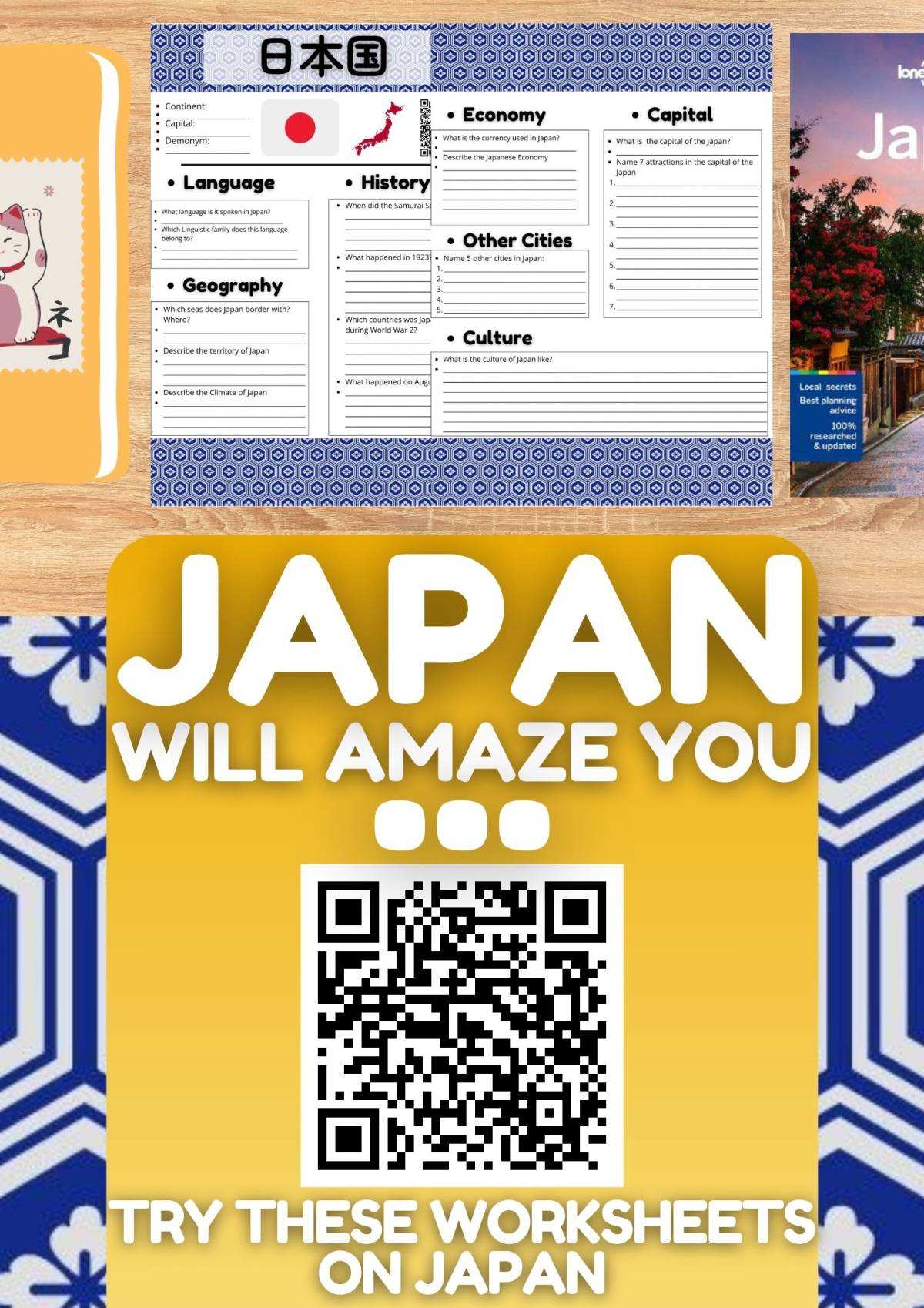 An educational teaching resource from Learning with Alan entitled Japan Country Study Worksheets - Asia - Geography downloadable at Teach Simple.