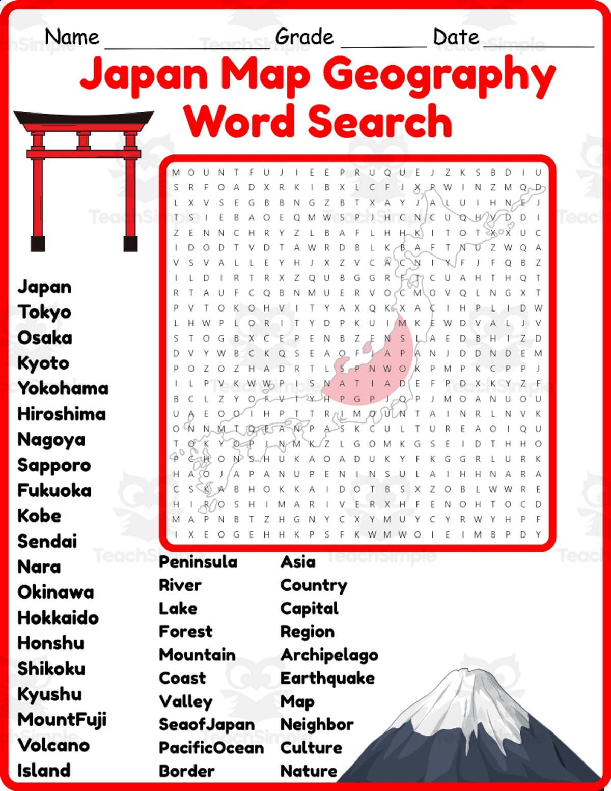 An educational teaching resource from Classsimple entitled Japan Map Geography Word Search 2rd 3th 4th 5th Grade worksheet downloadable at Teach Simple.
