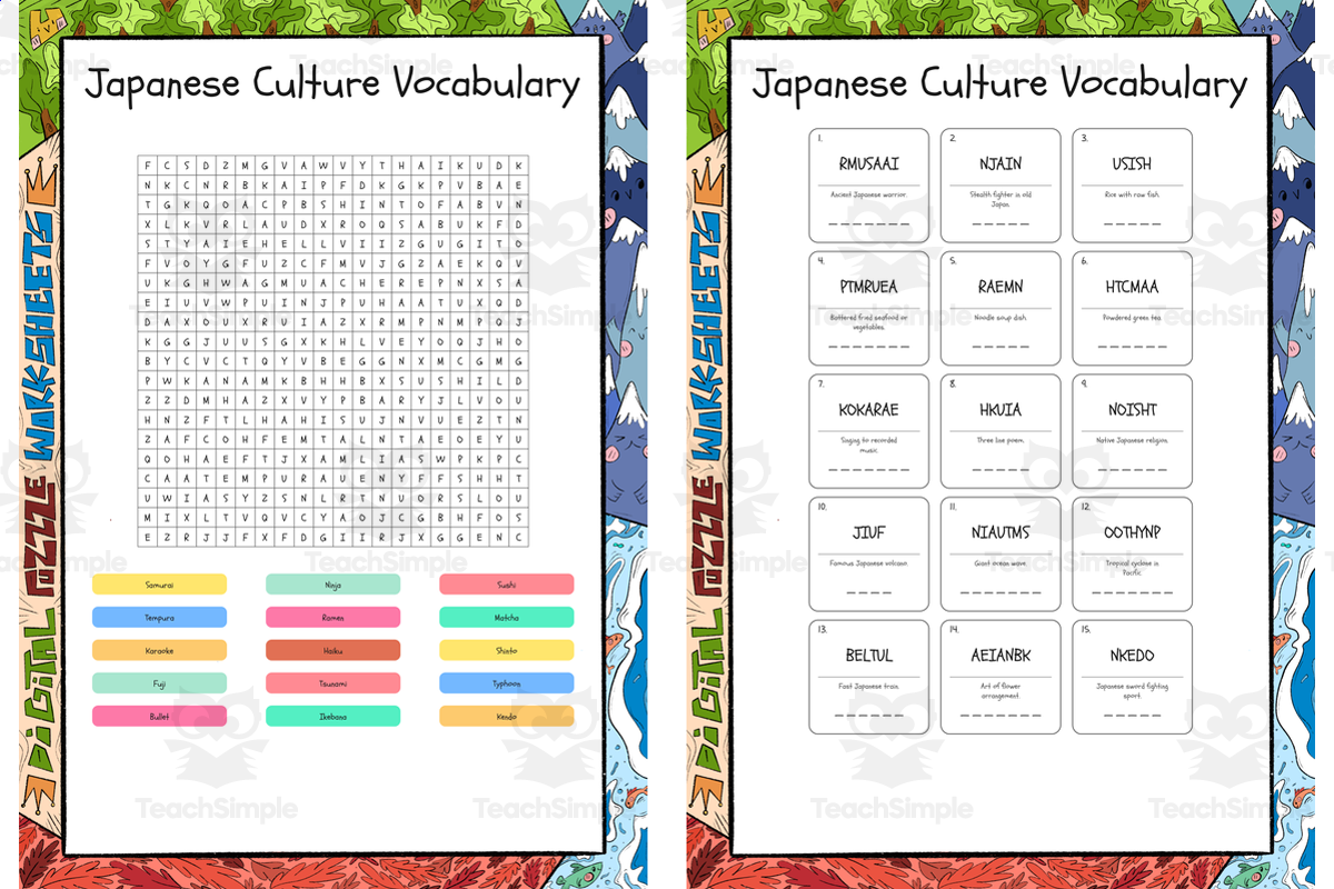 An educational teaching resource from Lapiiin Art Activities entitled Japanese Culture Vocabulary word search, scramble and crossword puzzle downloadable at Teach Simple.