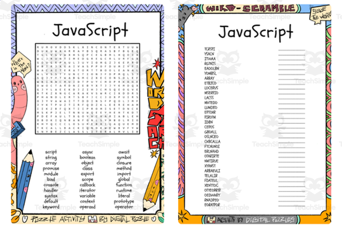 An educational teaching resource from Lapiiin Art Activities entitled JavaScript word search & scramble downloadable at Teach Simple.