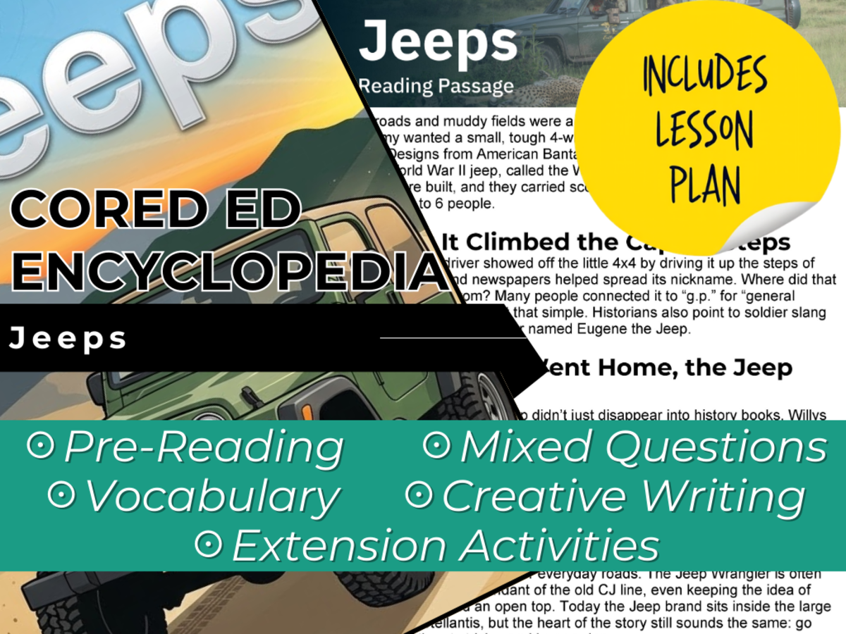 An educational teaching resource from Cored Education entitled Jeeps Reading Comprehension Passage - Cored Ed Encyclopedia downloadable at Teach Simple.
