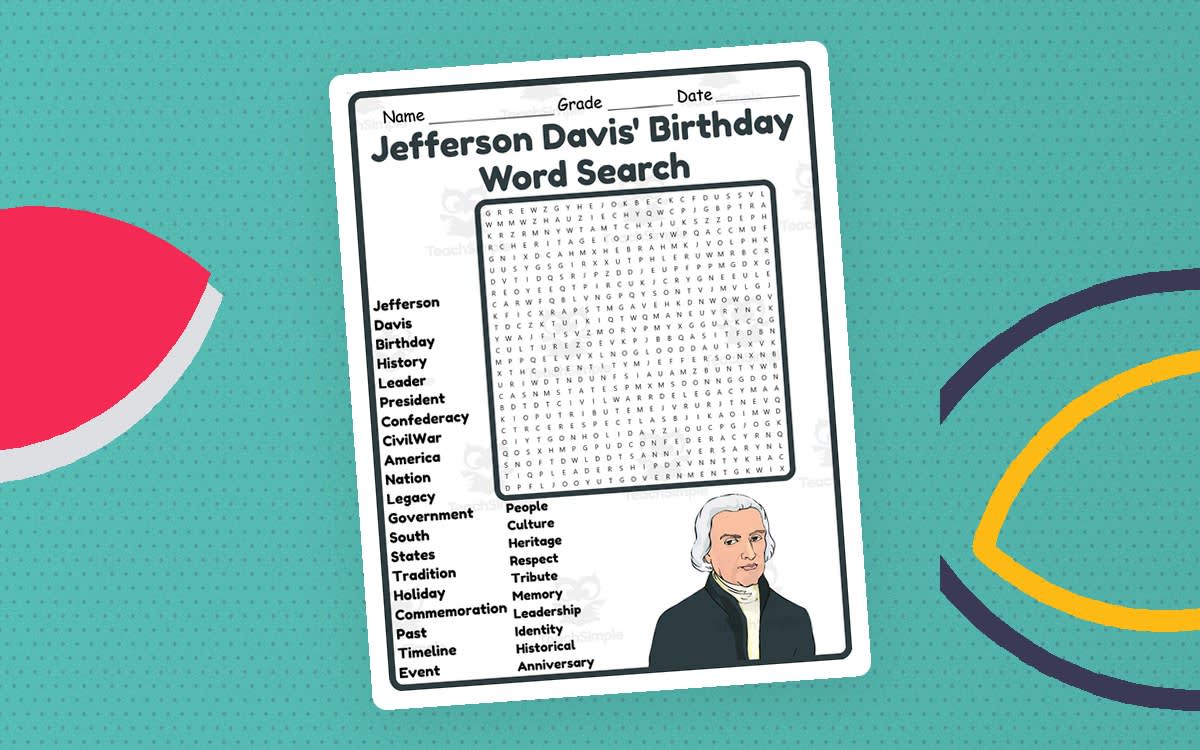 An educational teaching resource from Classsim entitled Jefferson Davis' Birthday Word Search 2nd 3rd 4th 5th Grade Worksheet downloadable at Teach Simple.
