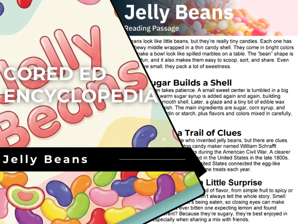 An educational teaching resource from Cored Education entitled Jelly Beans Reading Comprehension Passage - Cored Ed Encyclopedia downloadable at Teach Simple.