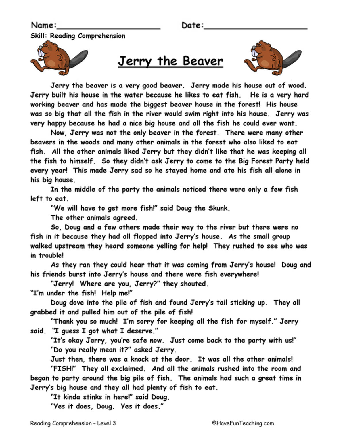 An educational teaching resource from Have Fun Teaching entitled Jerry the Beaver Reading Comprehension Worksheet downloadable at Teach Simple.