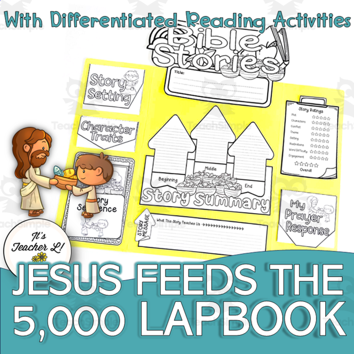 An educational teaching resource from It's Teacher L entitled Jesus Feeds the 5,000 Lapbook Grades 4, 5, 6 Bible Story ELA downloadable at Teach Simple.